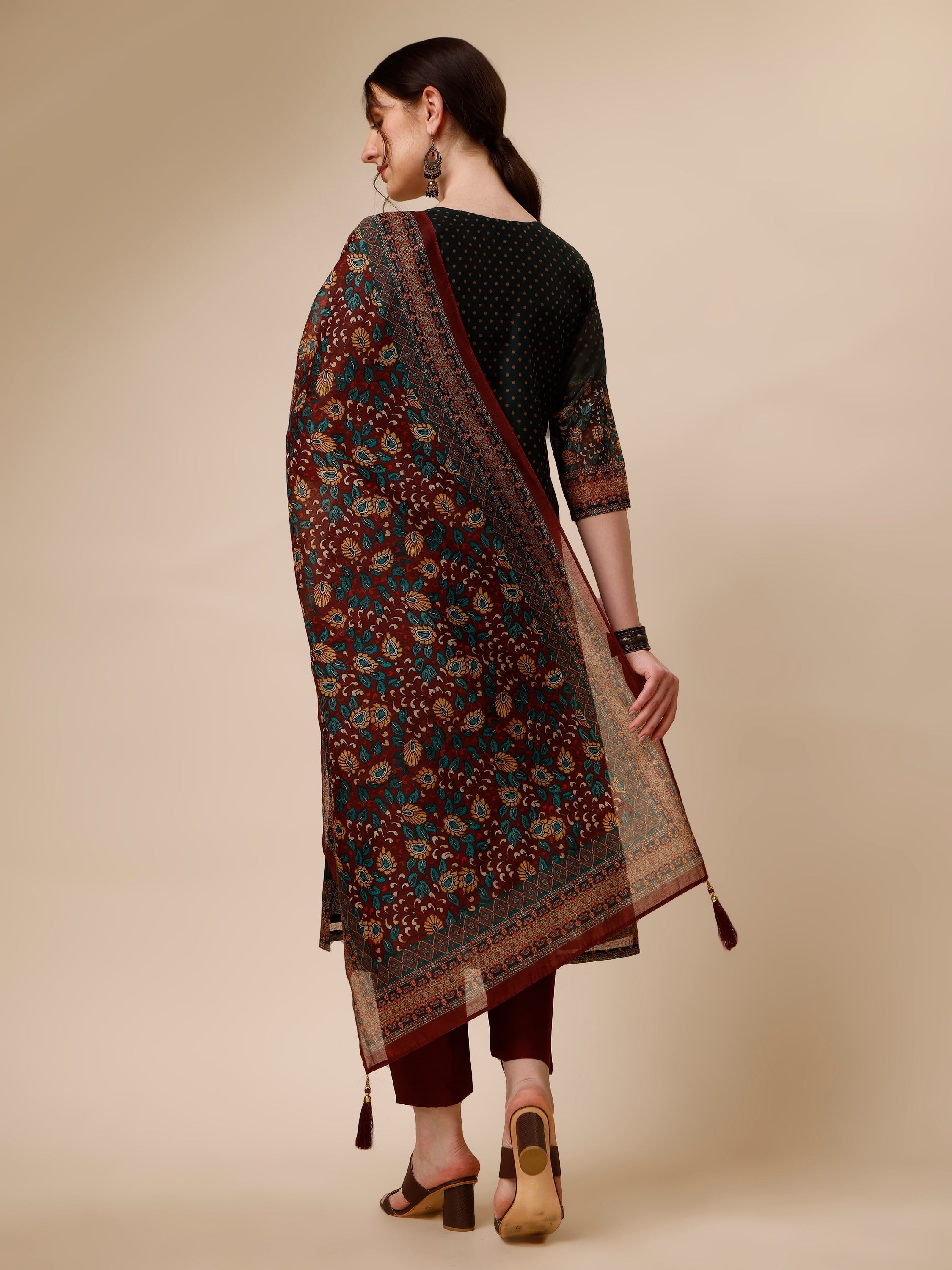 Multicolor Polka & Floral Print Chanderi Kurta Set with Dupatta