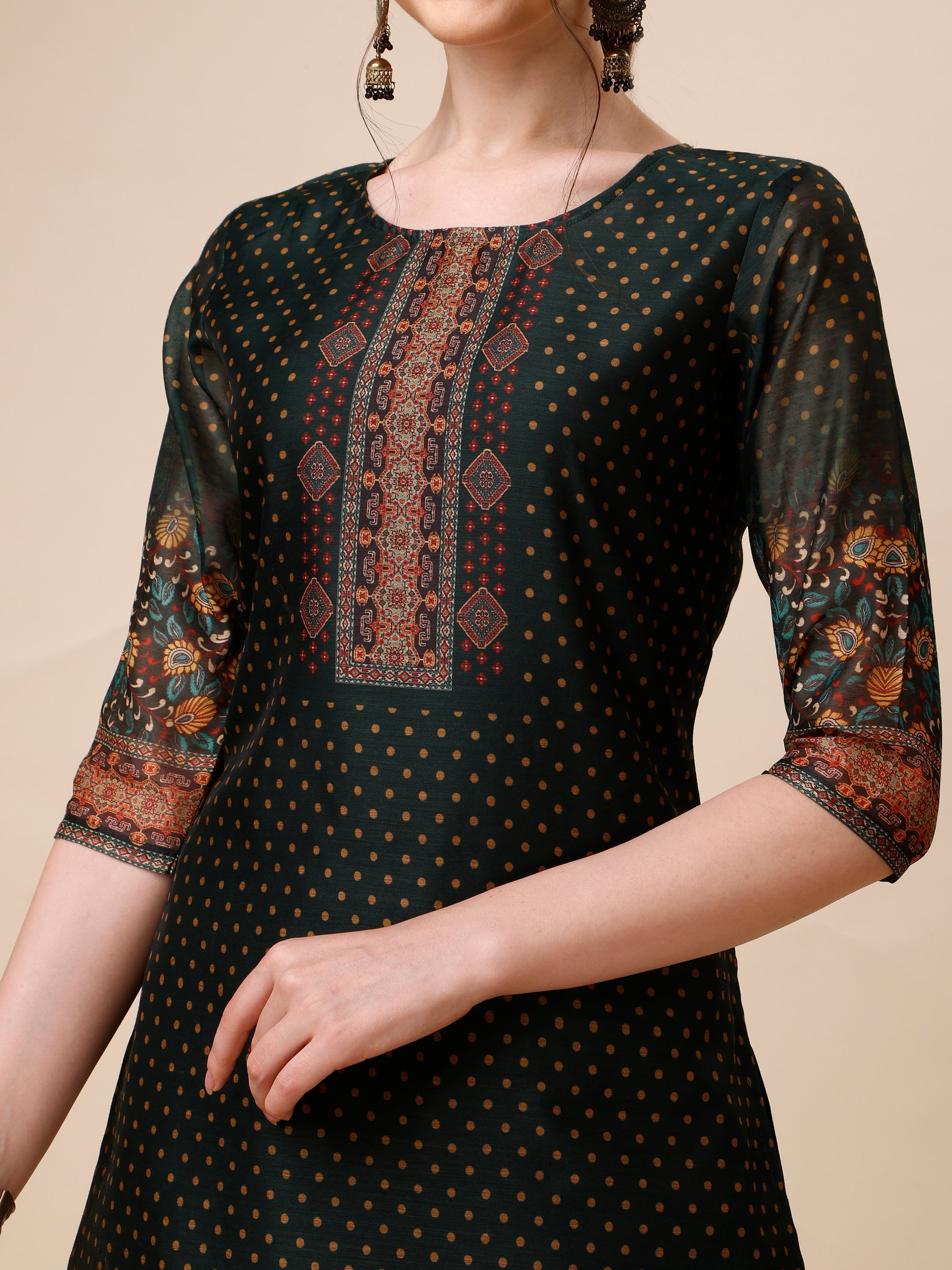 Multicolor Polka & Floral Print Chanderi Kurta Set with Dupatta