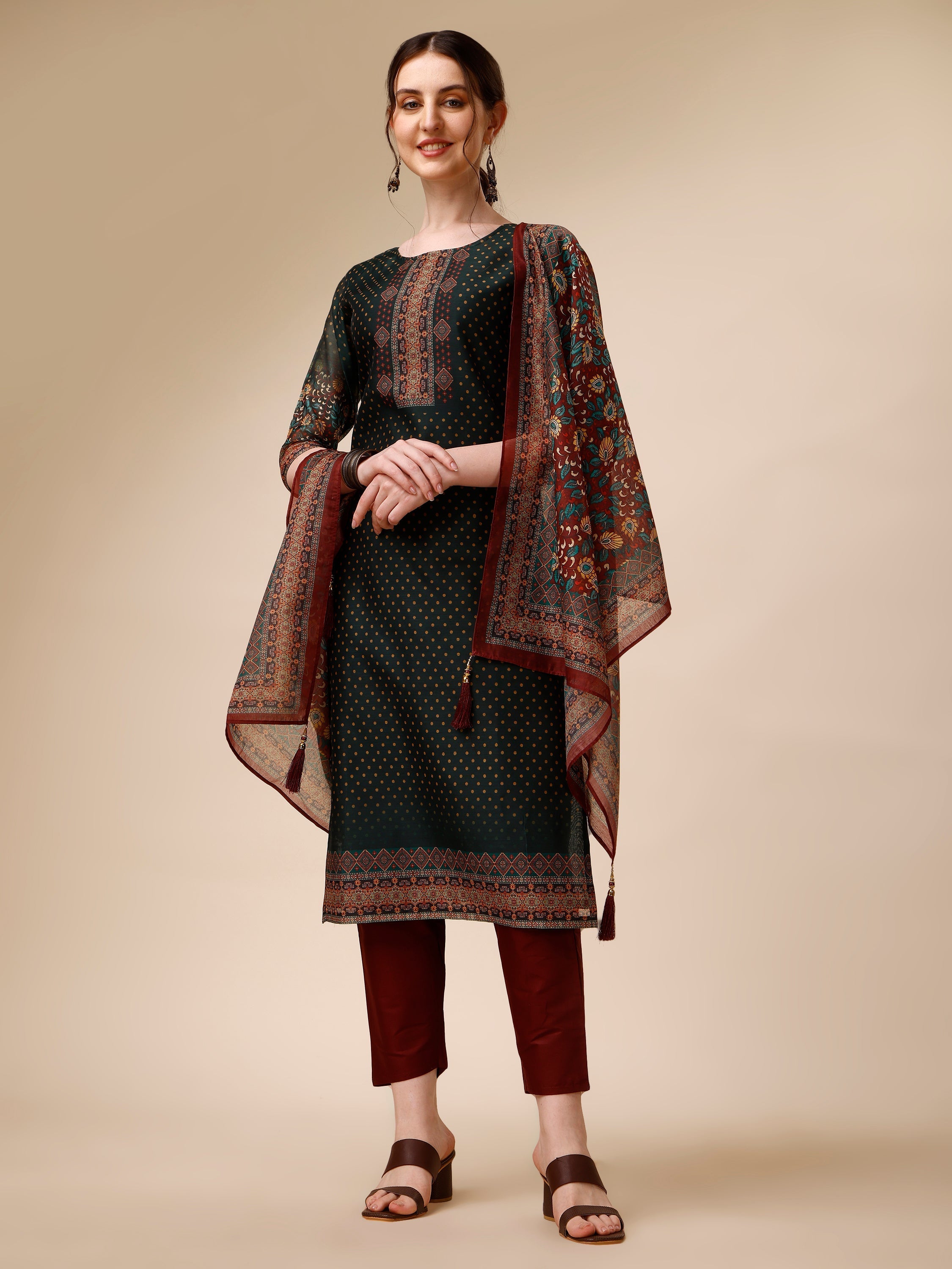 Multicolor polka and floral printed kurta set with matching pants and dupatta