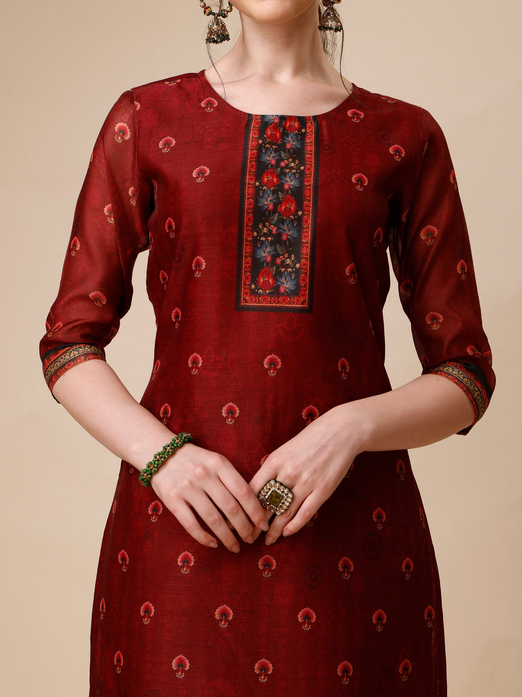 Peacock Printed Rayon Kurta Set with Pant and Dupatta - Multicolor