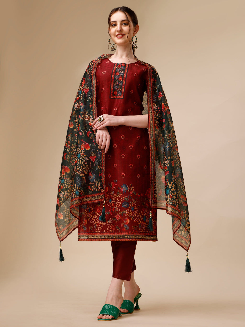 Multicolor peacock printed rayon kurta set with coordinating pants and dupatta