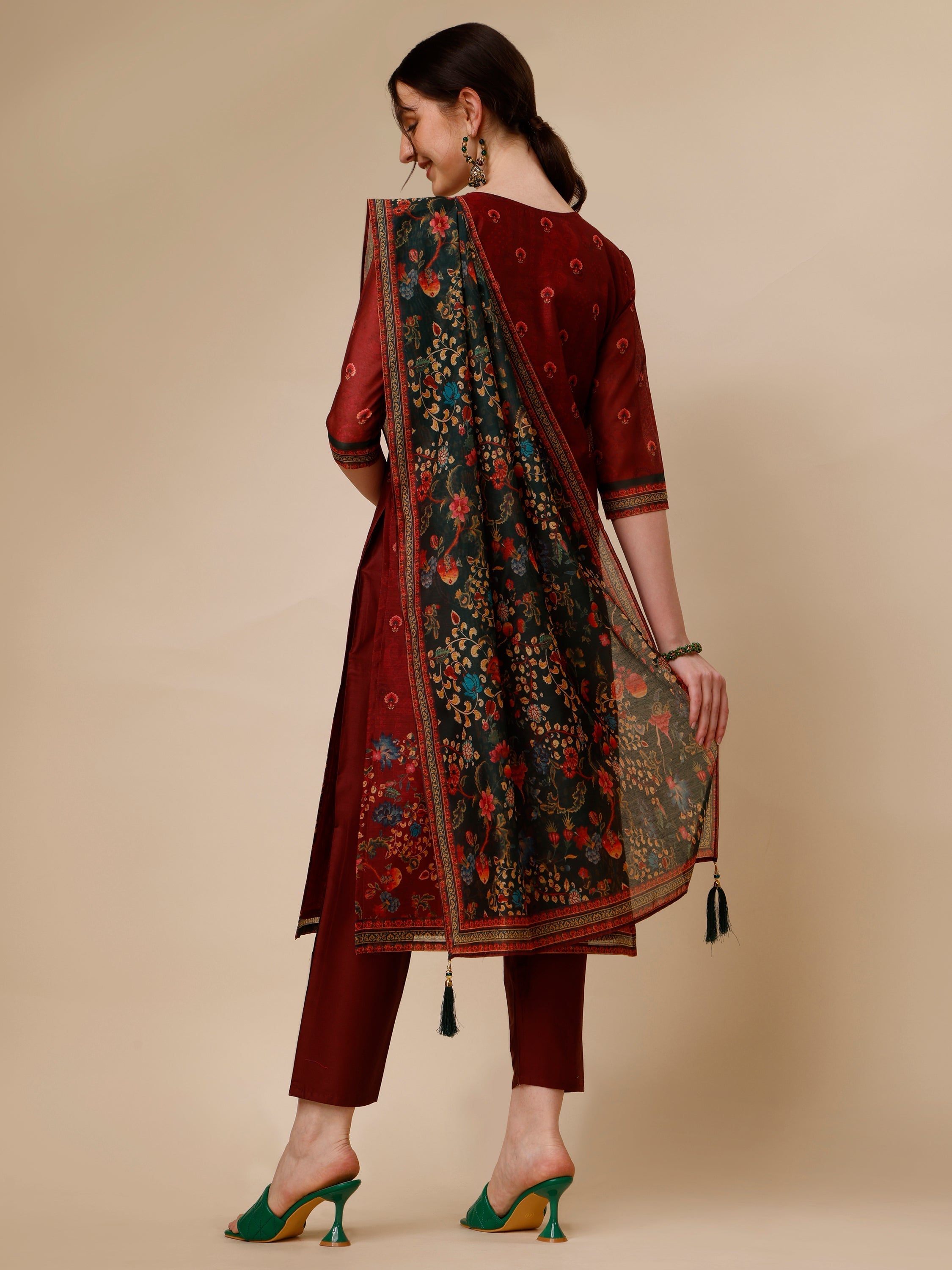 Peacock Printed Rayon Kurta Set with Pant and Dupatta - Multicolor