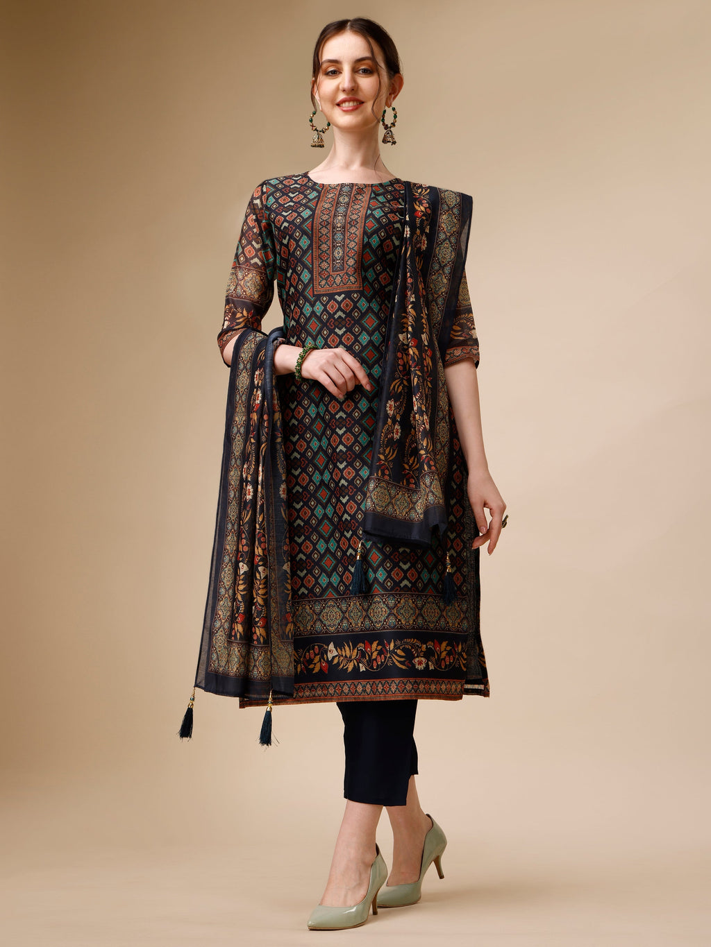 Multicolor ethnic motif printed rayon kurta set with coordinating pants and dupatta