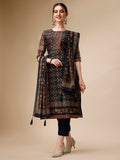 Multicolor ethnic motif printed rayon kurta set with coordinating pants and dupatta