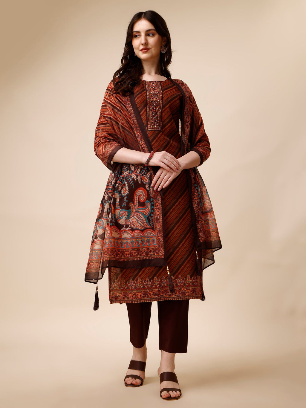 Multicolor Leheriya printed kurta set with embroidery detail