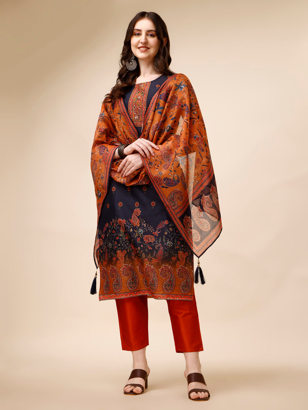 Multicolor ethnic motif printed and embroidered kurta set with pants and dupatta