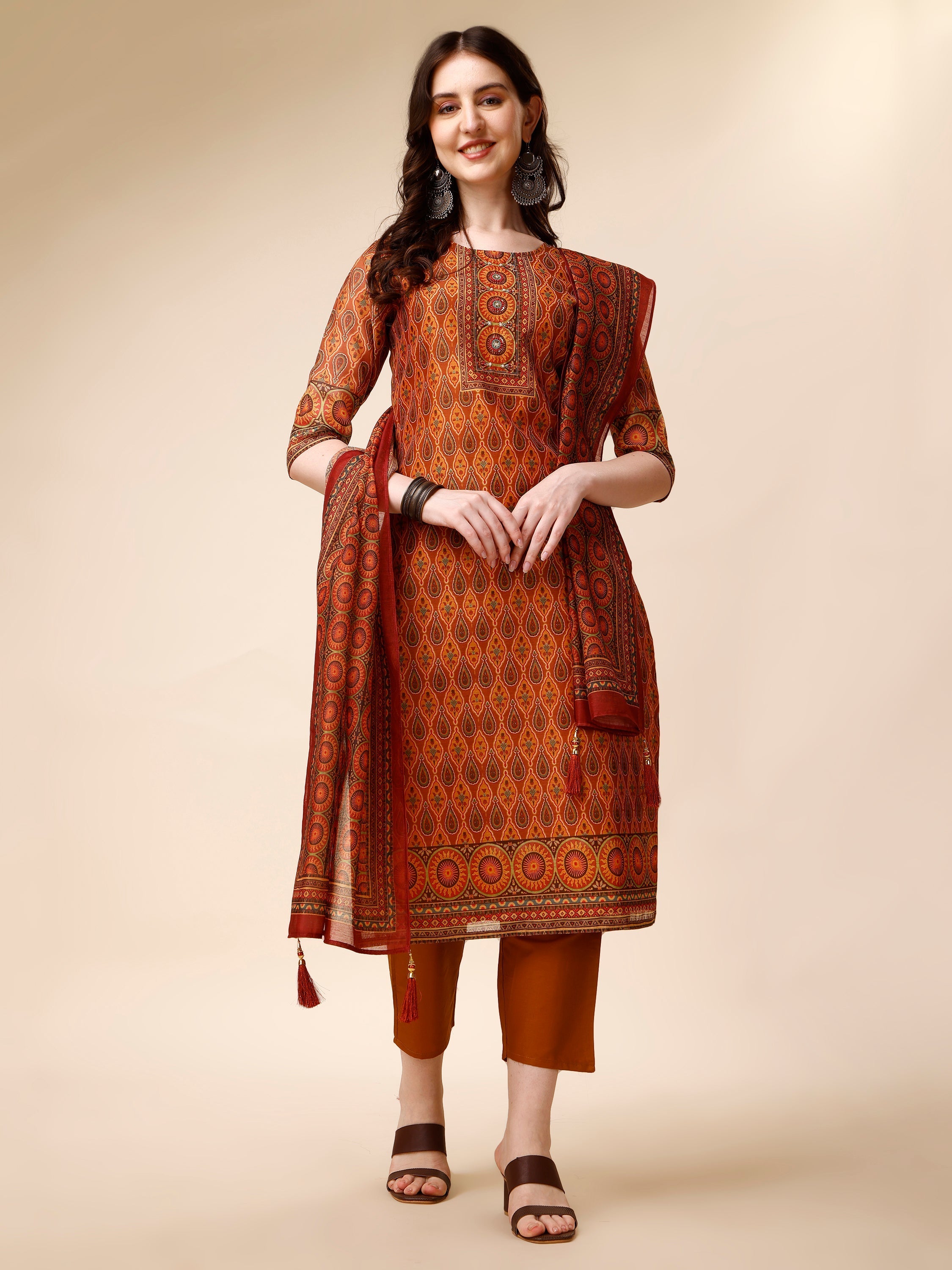 Multicolor ethnic motif printed kurta set with delicate embroidery and matching pants and dupatta