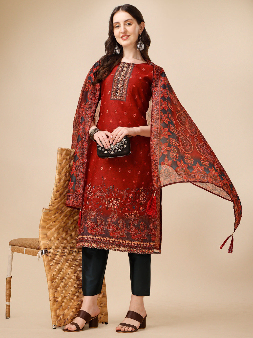 Elegant multicolor printed and embroidered rayon kurta set with matching pants and dupatta.