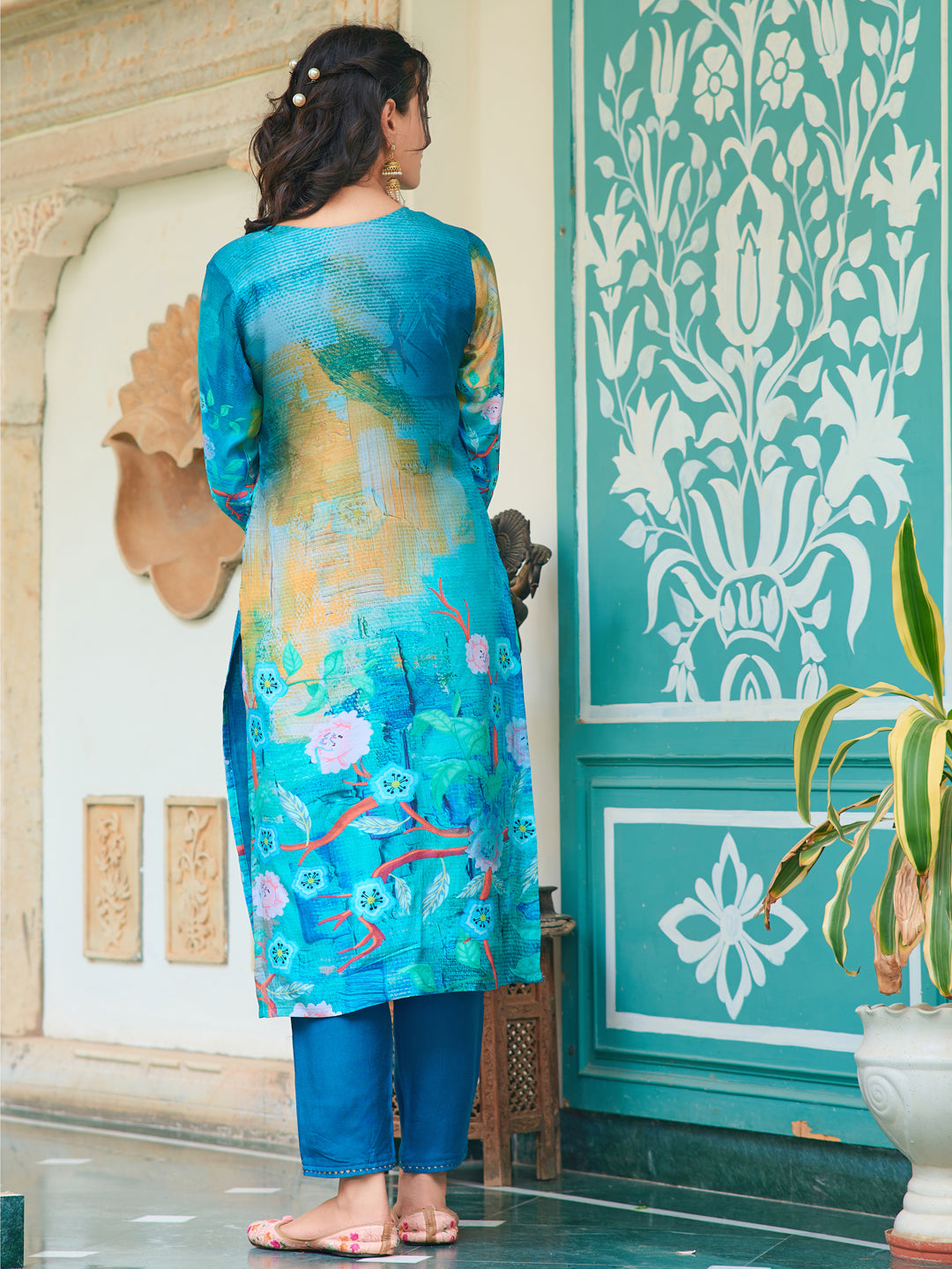 Blue Muslin Kurta Set with Hand Embroidery and Digital Print