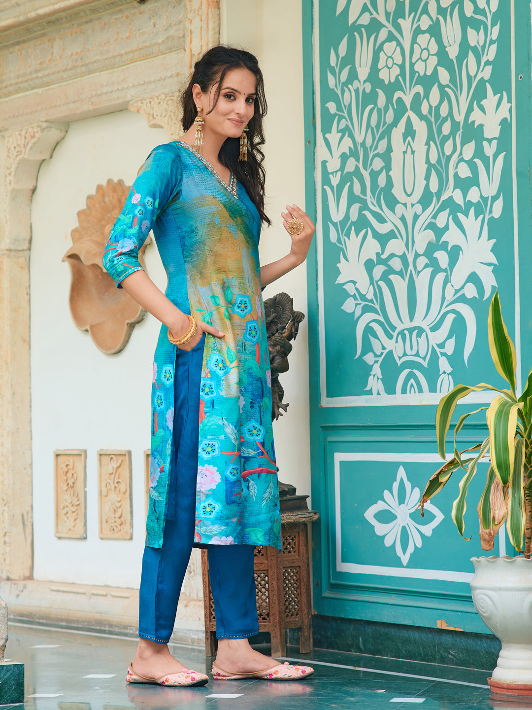 Blue Muslin Kurta Set with Hand Embroidery and Digital Print