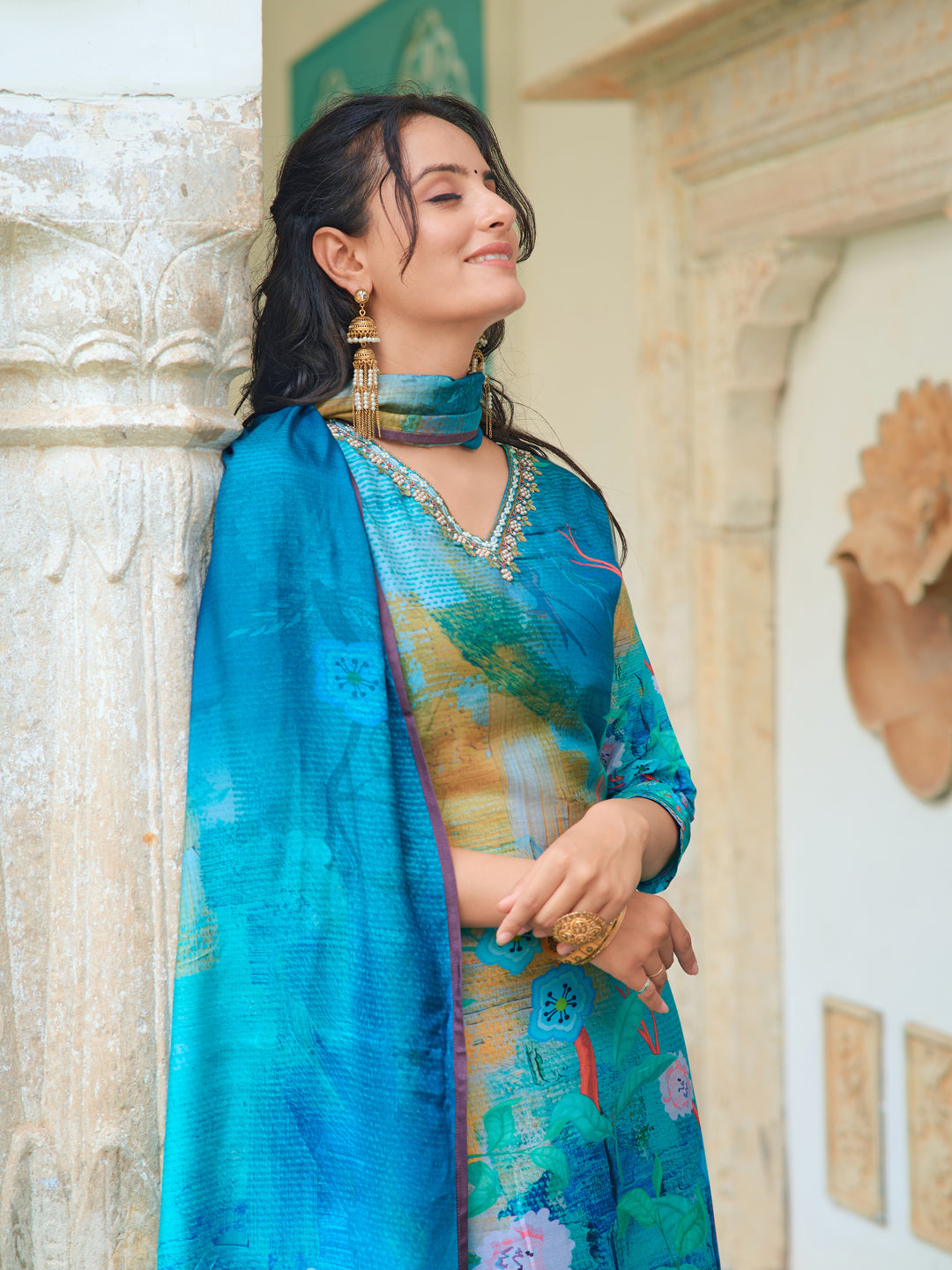 Blue Muslin Kurta Set with Hand Embroidery and Digital Print