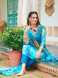 Blue hand embroidered and digital printed muslin kurta set with matching pants