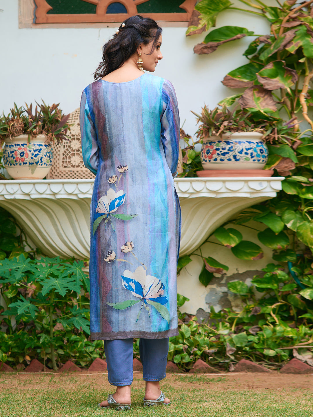 Blue Silk Kurta Set with Hand Embroidery and Digital Print