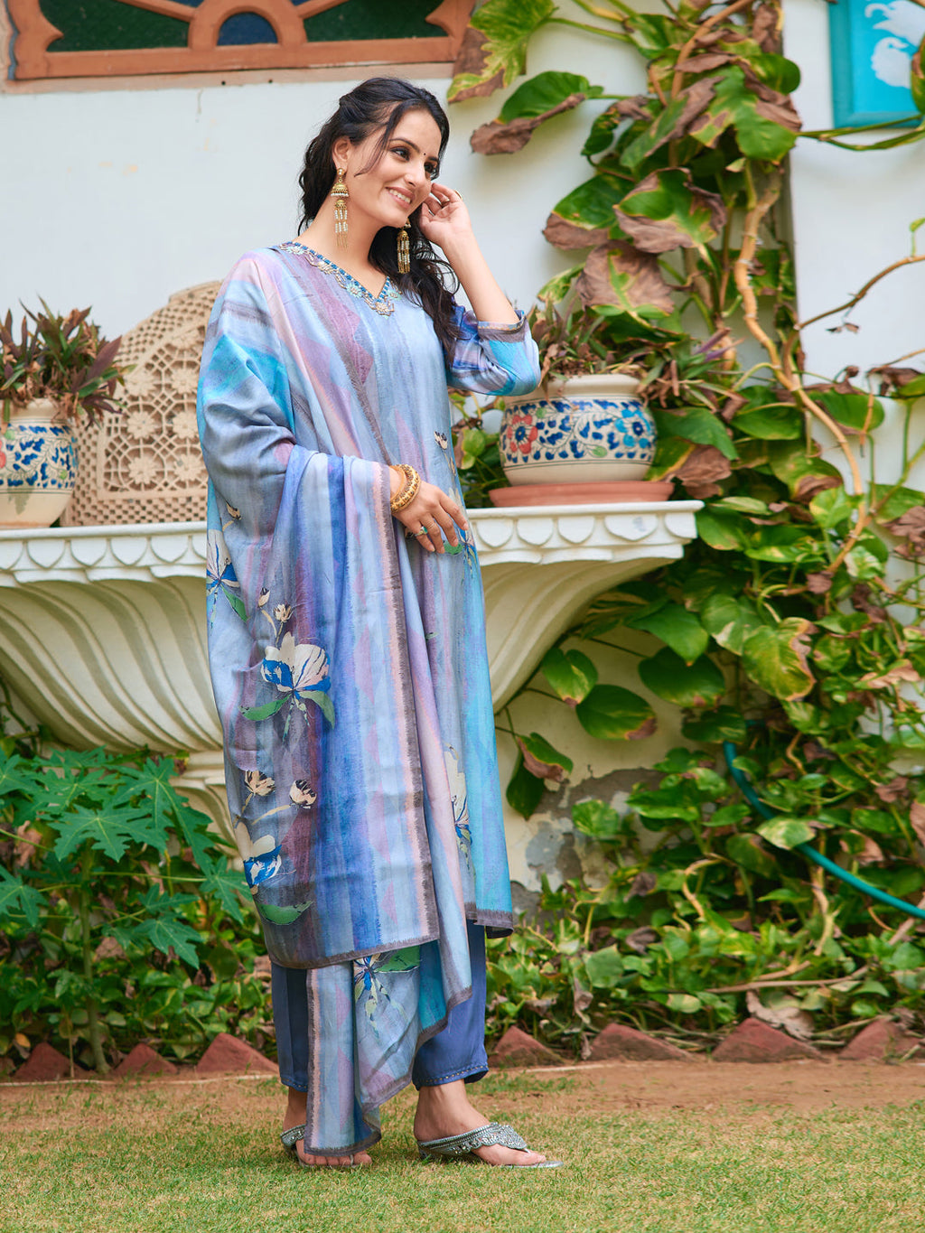Blue Silk Kurta Set with Hand Embroidery and Digital Print