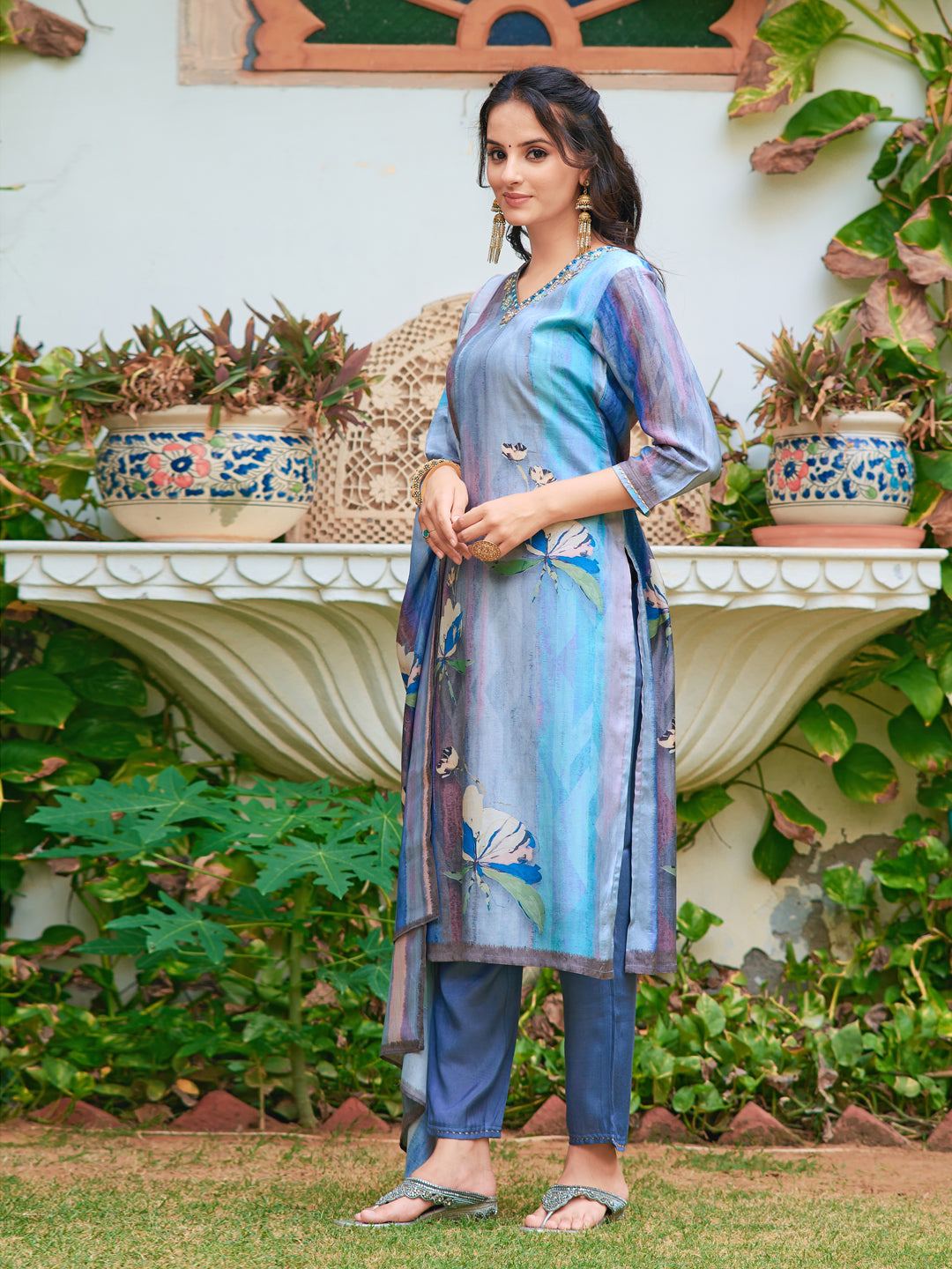 Blue Silk Kurta Set with Hand Embroidery and Digital Print