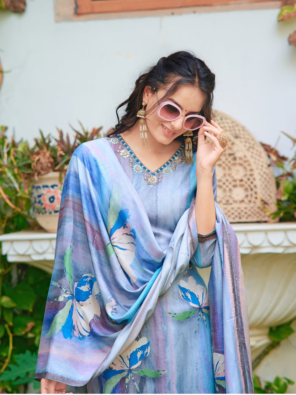 Blue silk kurta set with hand embroidery and digital print dupatta for women