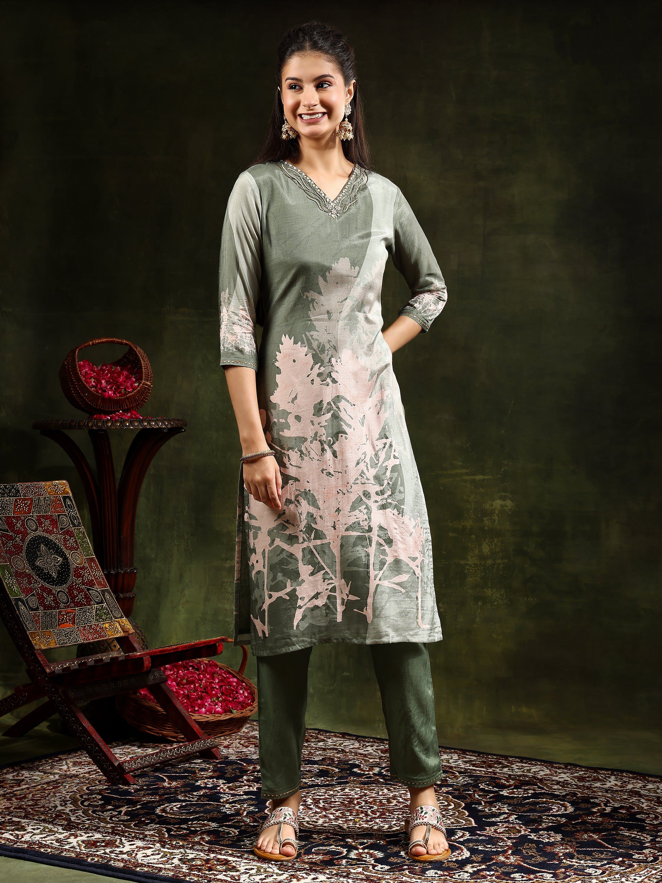 Hand Embroidered & Digital Printed Muslin Kurta With Pant & Printed Dupatta, Green - Hiral Fashion