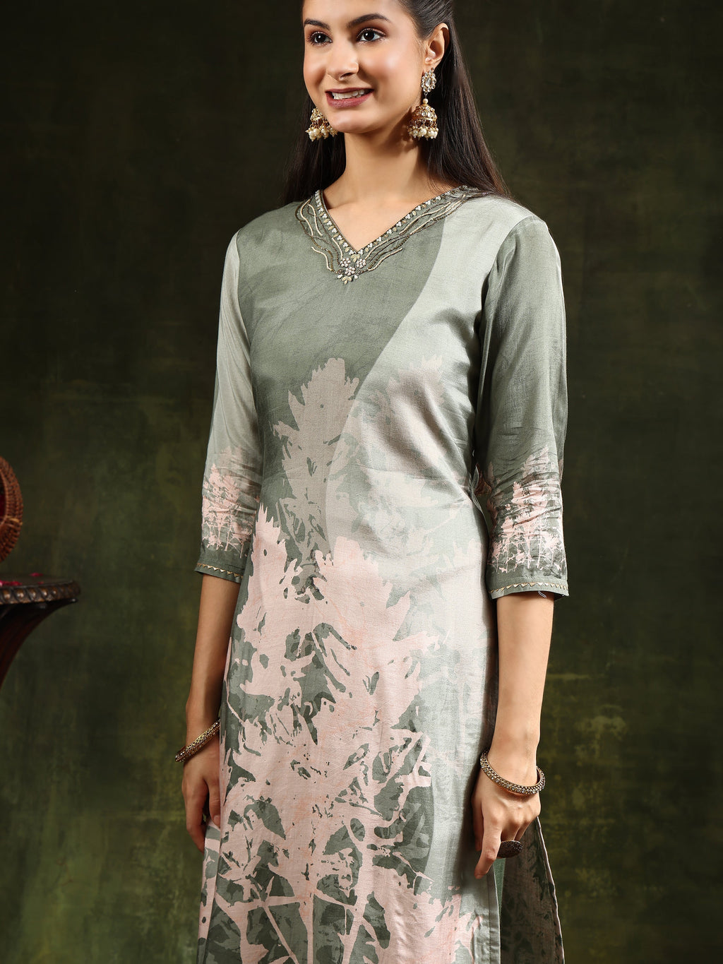 Hand Embroidered & Digital Printed Muslin Kurta With Pant & Printed Dupatta, Green - Hiral Fashion