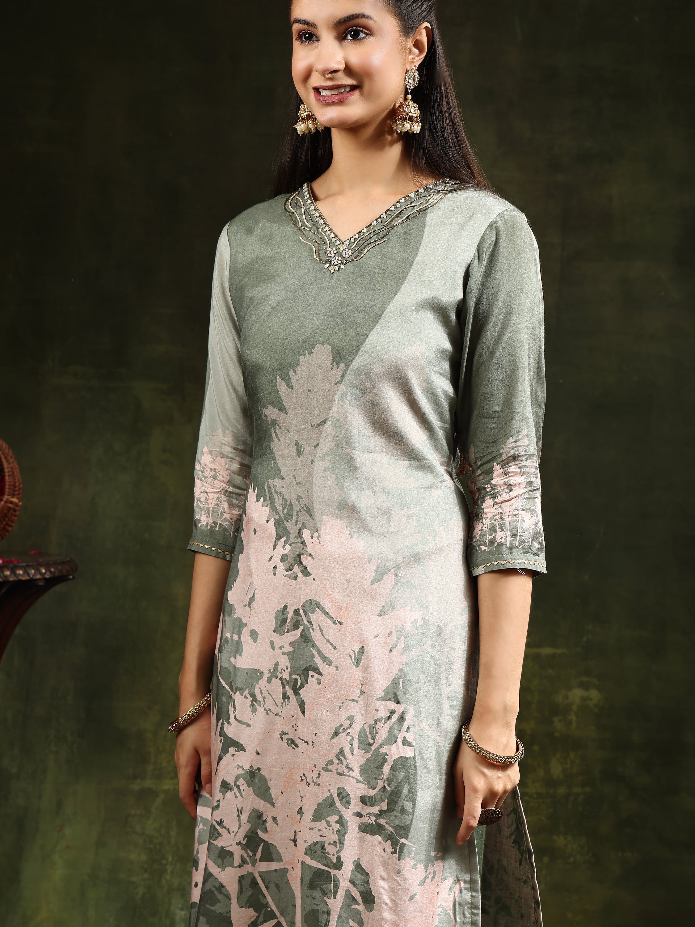 Hand Embroidered & Digital Printed Muslin Kurta With Pant & Printed Dupatta, Green - Hiral Fashion