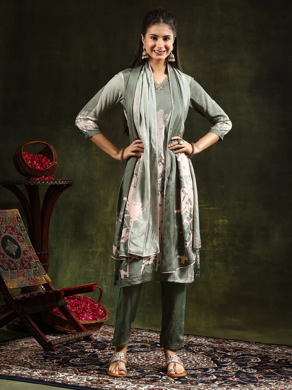 Hand Embroidered & Digital Printed Muslin Kurta With Pant & Printed Dupatta, Green - Hiral Fashion