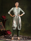 Hand Embroidered & Digital Printed Muslin Kurta With Pant & Printed Dupatta, Green - Hiral Fashion