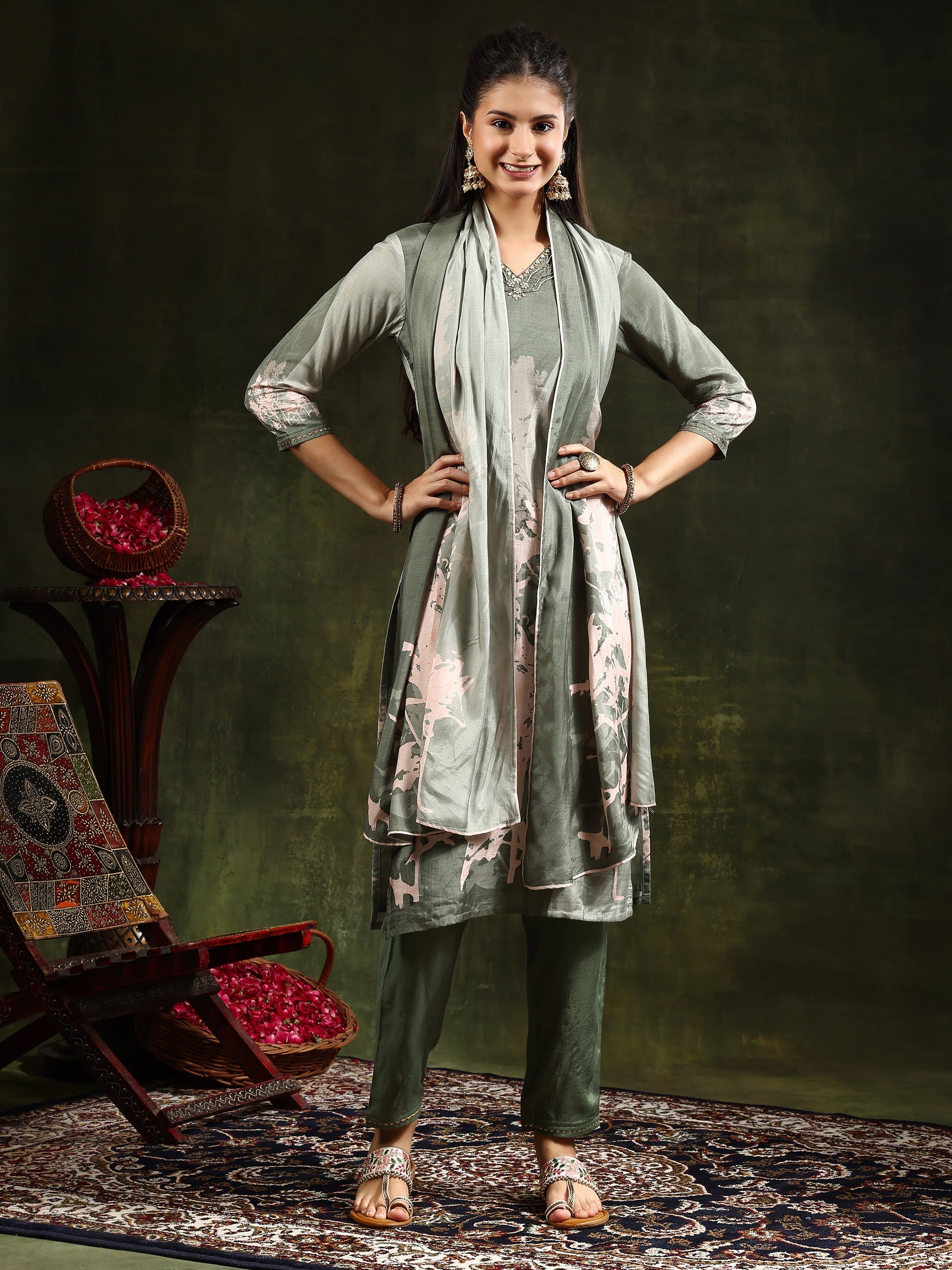 Hand Embroidered & Digital Printed Muslin Kurta With Pant & Printed Dupatta, Green - Hiral Fashion