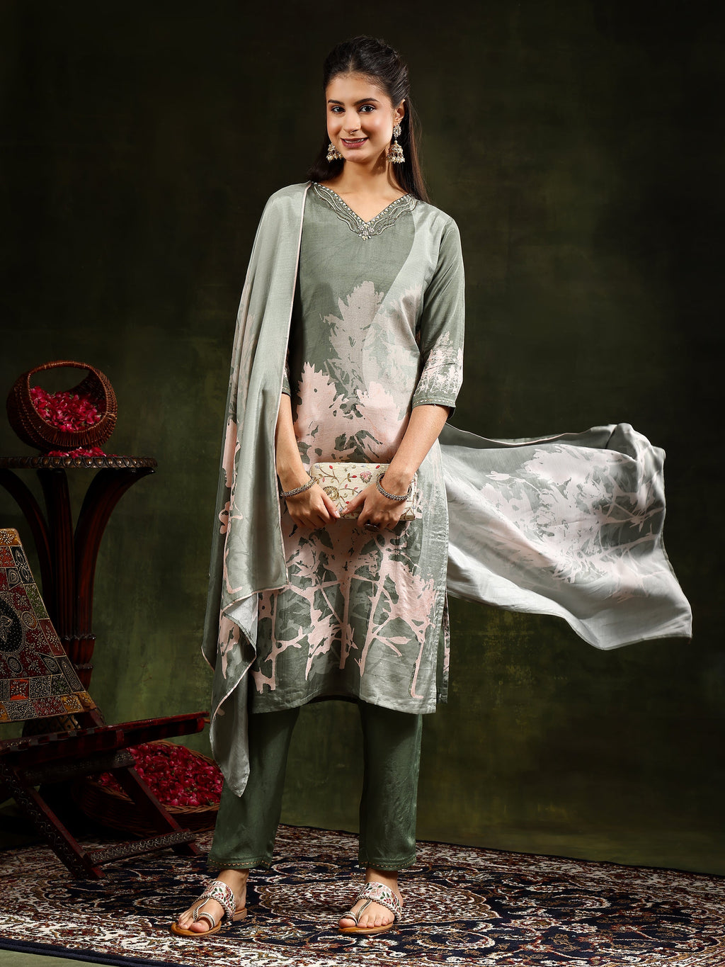 Hand Embroidered & Digital Printed Muslin Kurta With Pant & Printed Dupatta, Green - Hiral Fashion