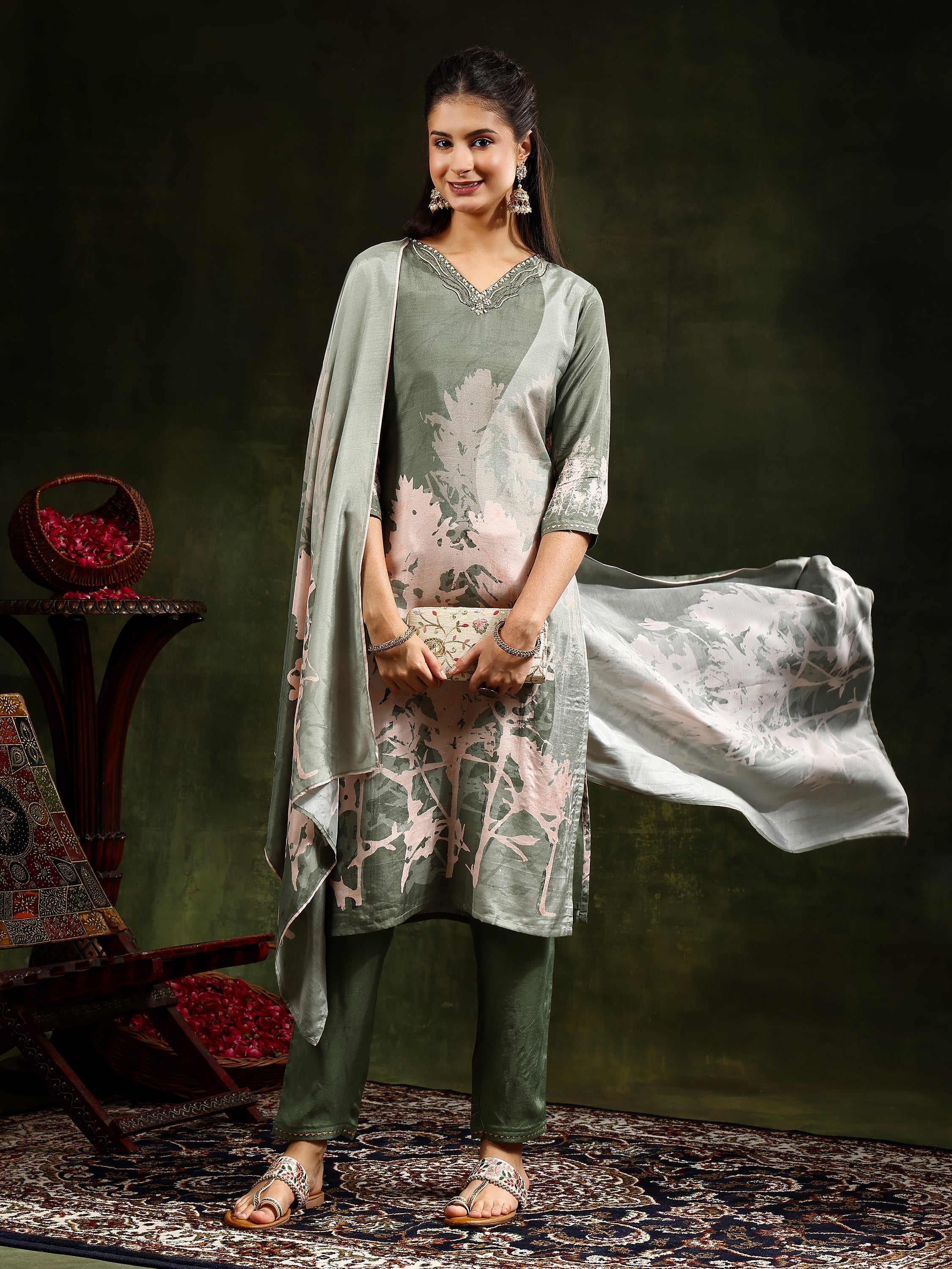 Hand Embroidered & Digital Printed Muslin Kurta With Pant & Printed Dupatta, Green - Hiral Fashion