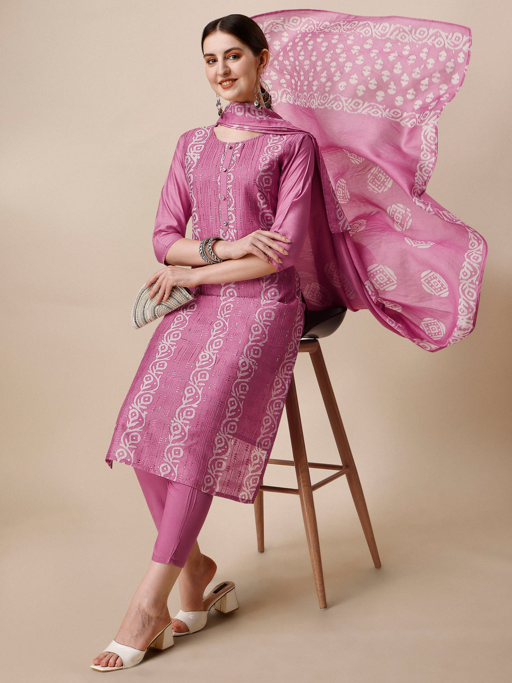 Multicolor Embroidered & Printed Kurta Set with Pant and Dupatta