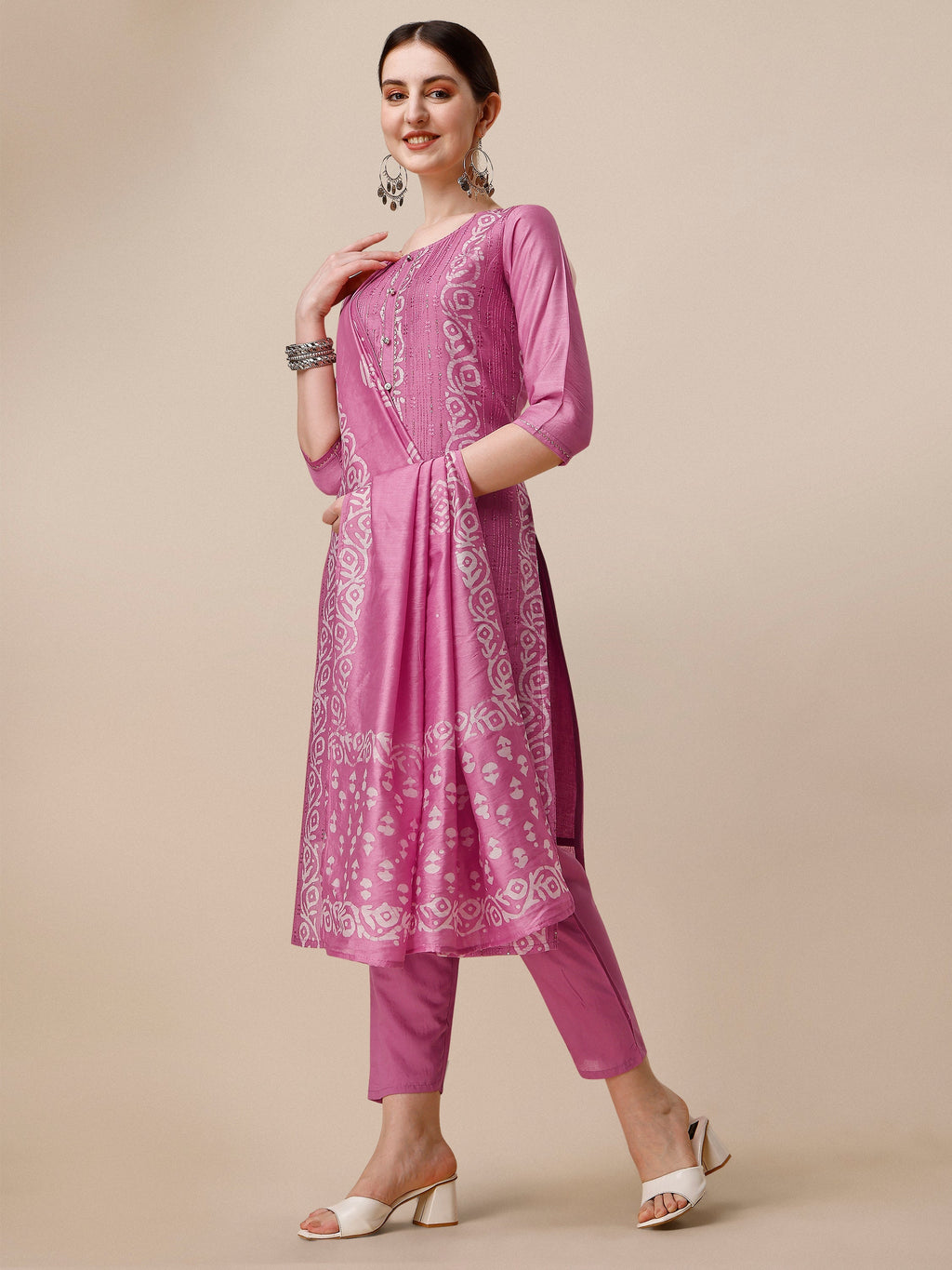 Multicolor Embroidered & Printed Kurta Set with Pant and Dupatta