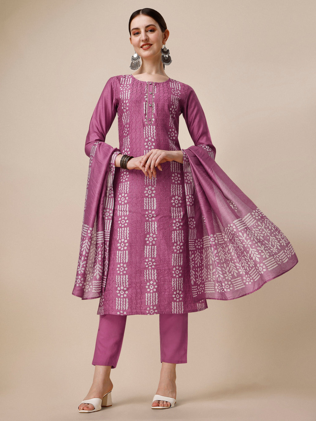 Woman wearing a multicolor Chanderi Bandhni printed kurta set with matching pants and dupatta