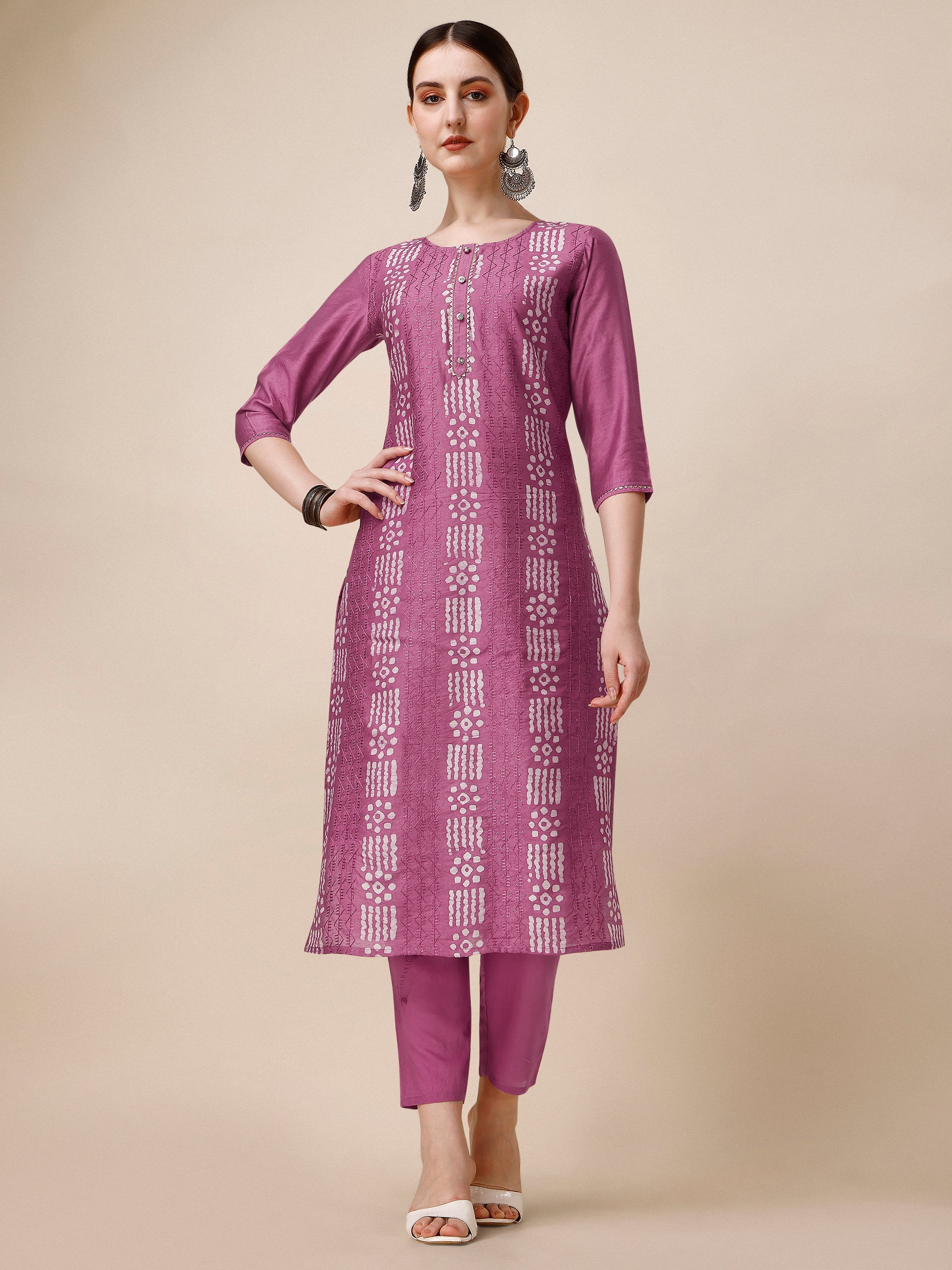 Multicolor Chanderi Bandhni Printed Kurta Set with Pant & Dupatta