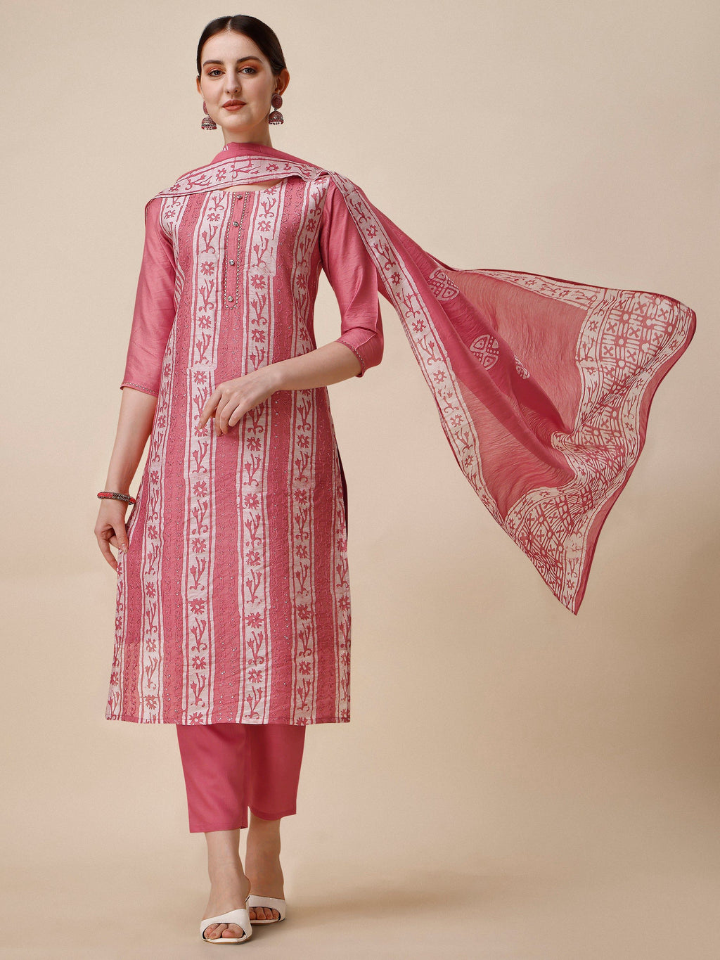 Printed & Embroidered Kurta With Pant & Dupatta Set, Multicolor - Hiral Fashion