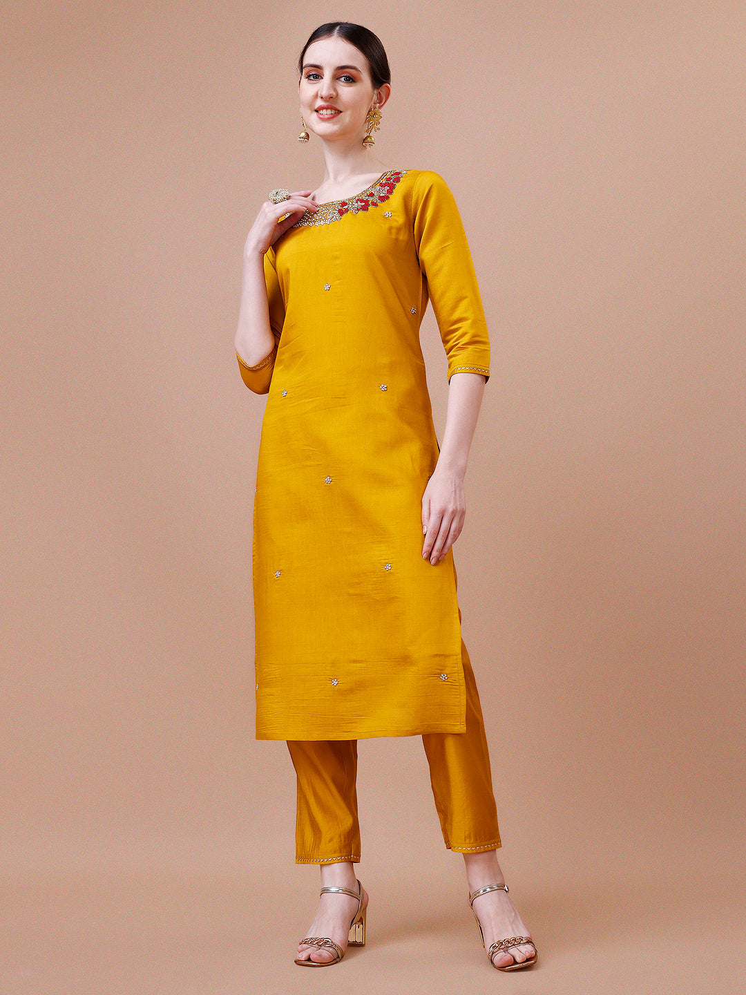 Multicolor Hand Embroidered Kurta Pant and Dupatta Set