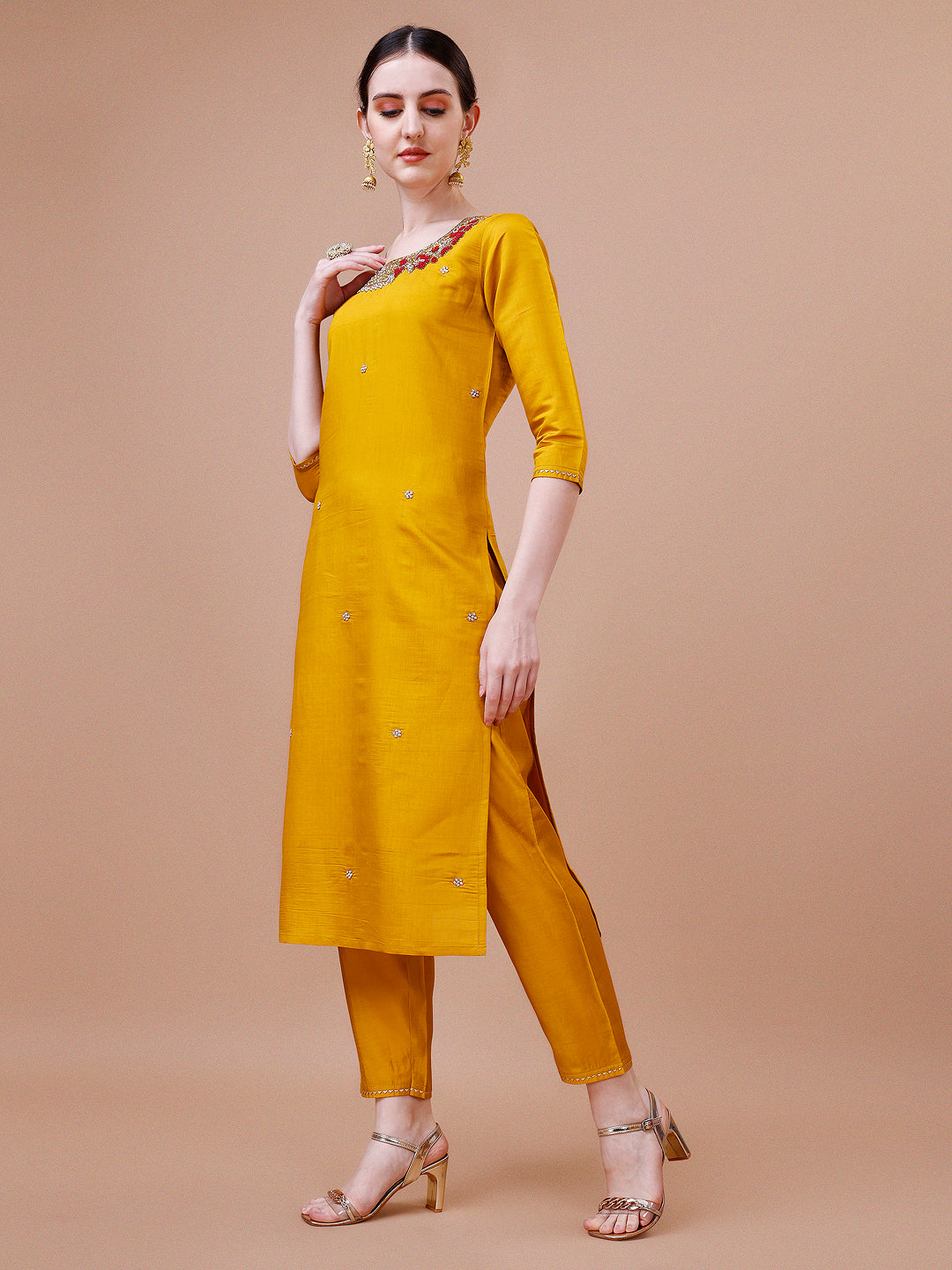 Multicolor Hand Embroidered Kurta Pant and Dupatta Set