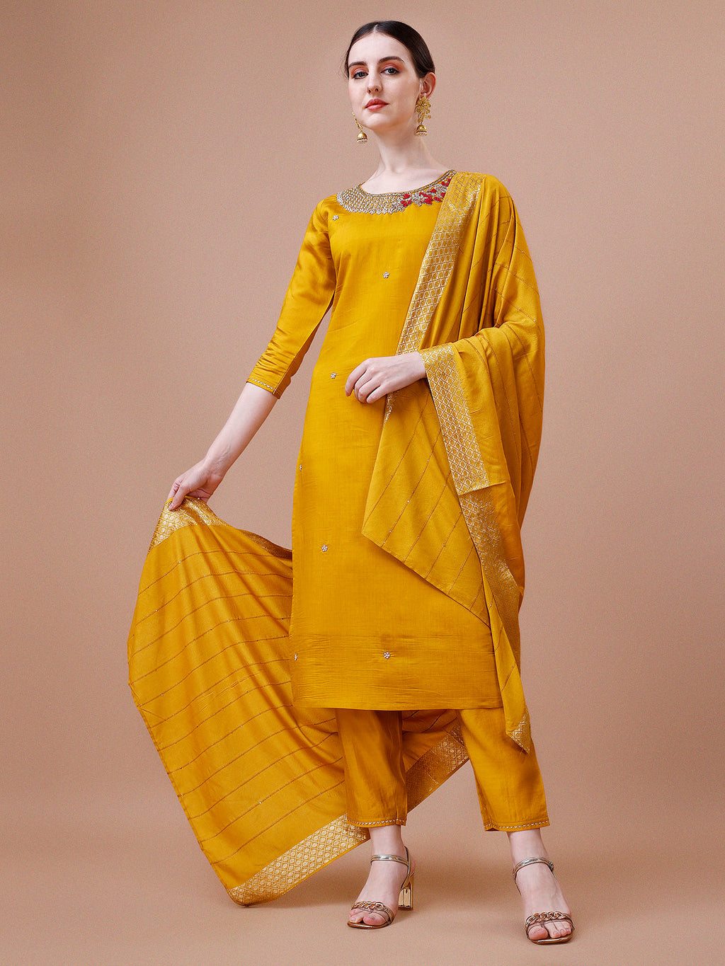 Multicolor hand embroidered rayon kurta with matching pants and dupatta set
