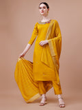 Multicolor hand embroidered rayon kurta with matching pants and dupatta set