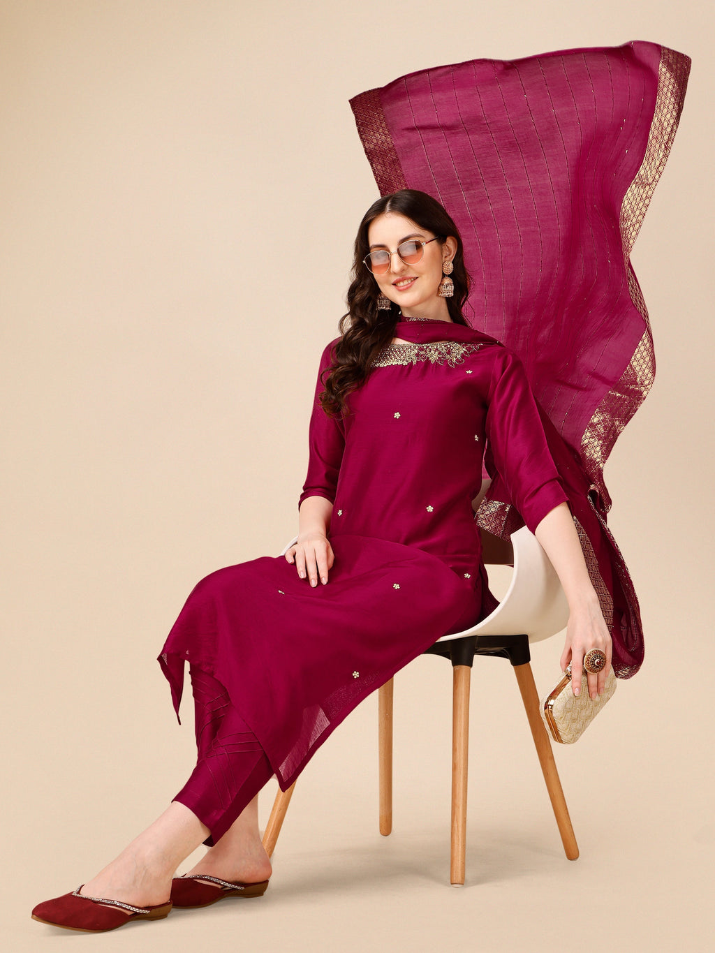 Hand Embroidered Kurta with Pant and Dupatta Set in Multicolor