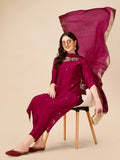 Hand Embroidered Kurta with Pant and Dupatta Set in Multicolor