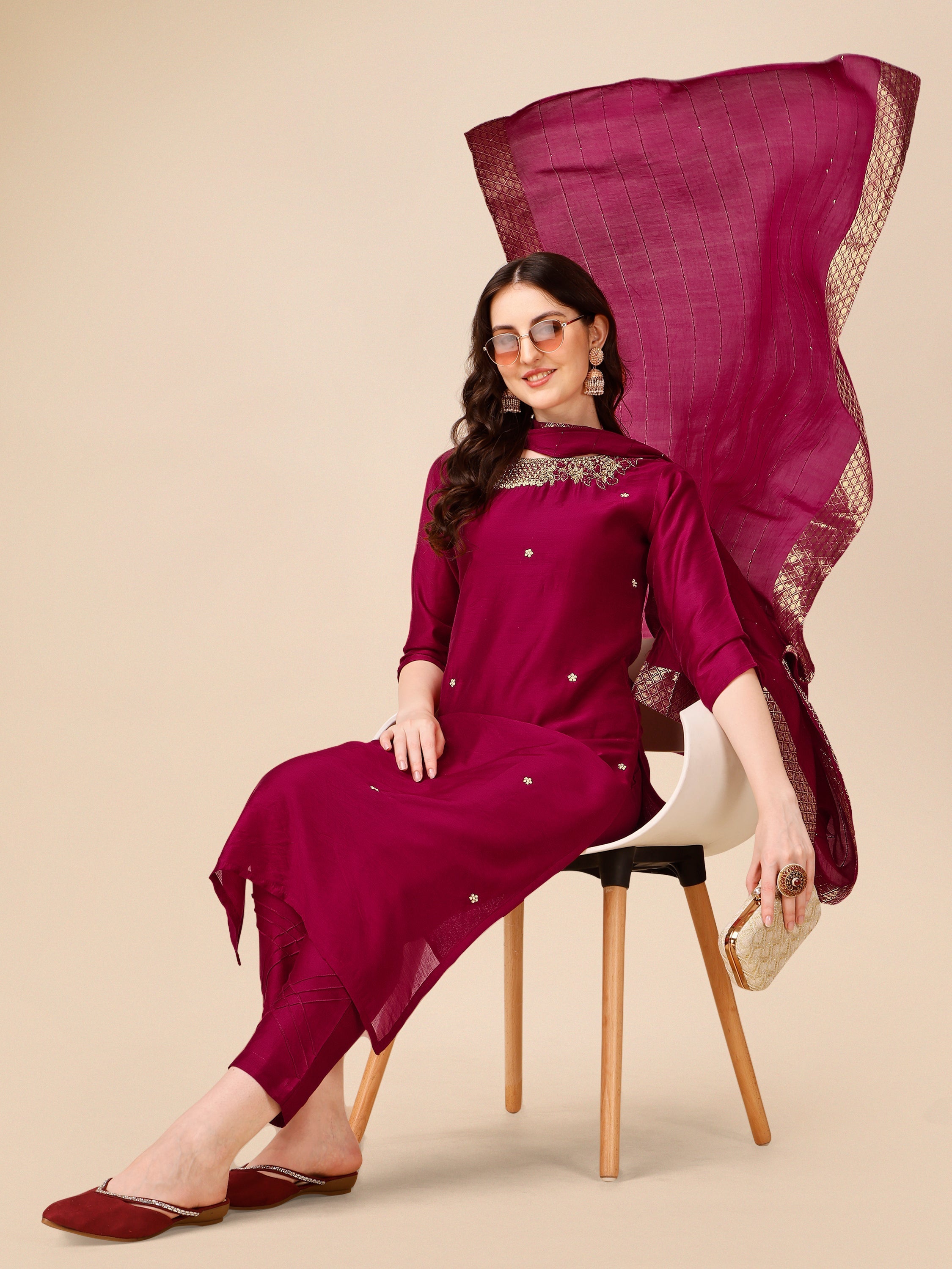 Hand Embroidered Kurta with Pant and Dupatta Set in Multicolor
