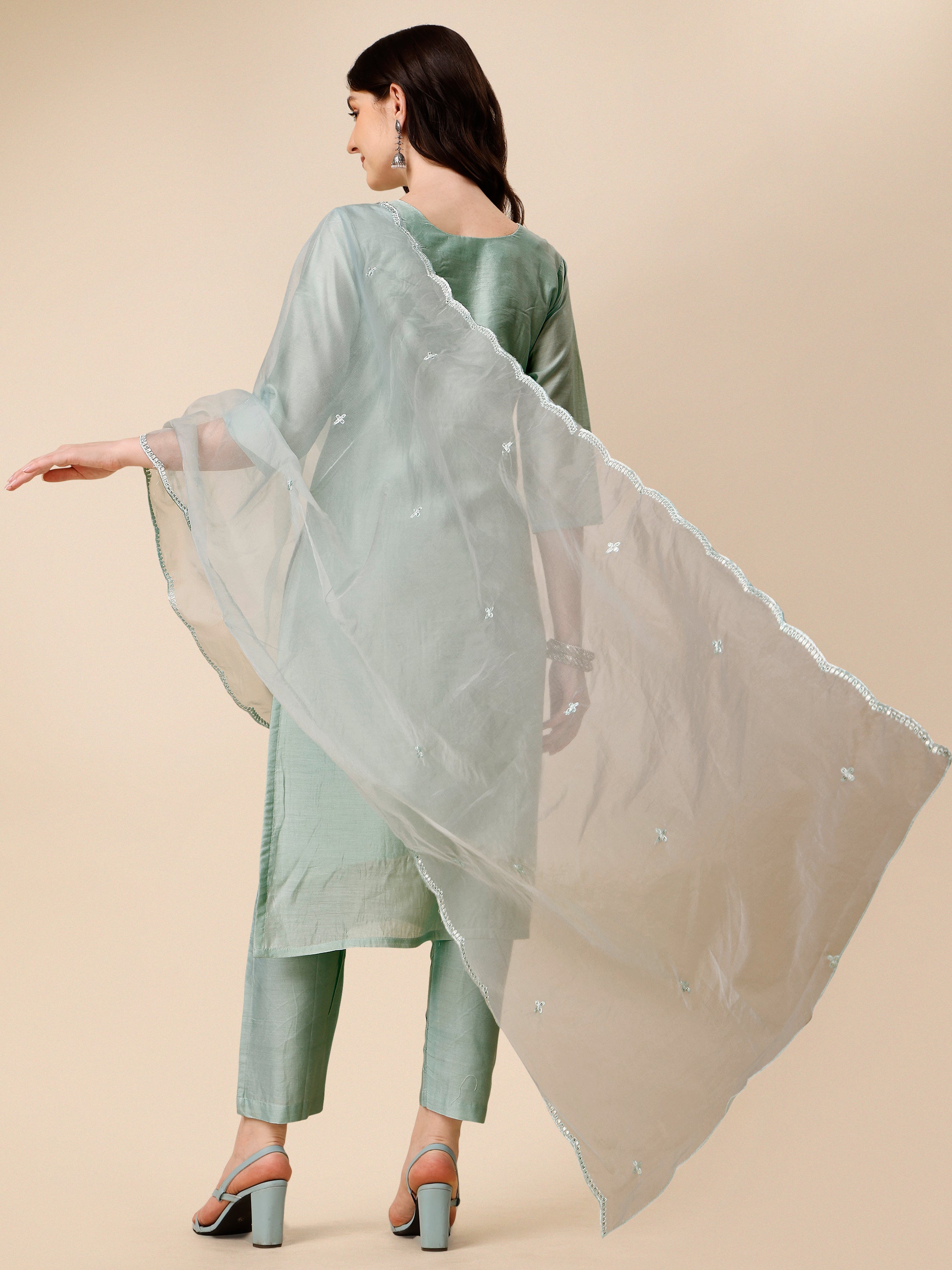 Hand Embroidered Kurta With Pant And Organza Dupatta Set, Multicolor - Hiral Fashion