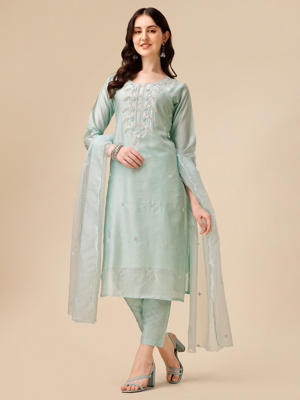 Hand Embroidered Kurta With Pant And Organza Dupatta Set, Multicolor - Hiral Fashion