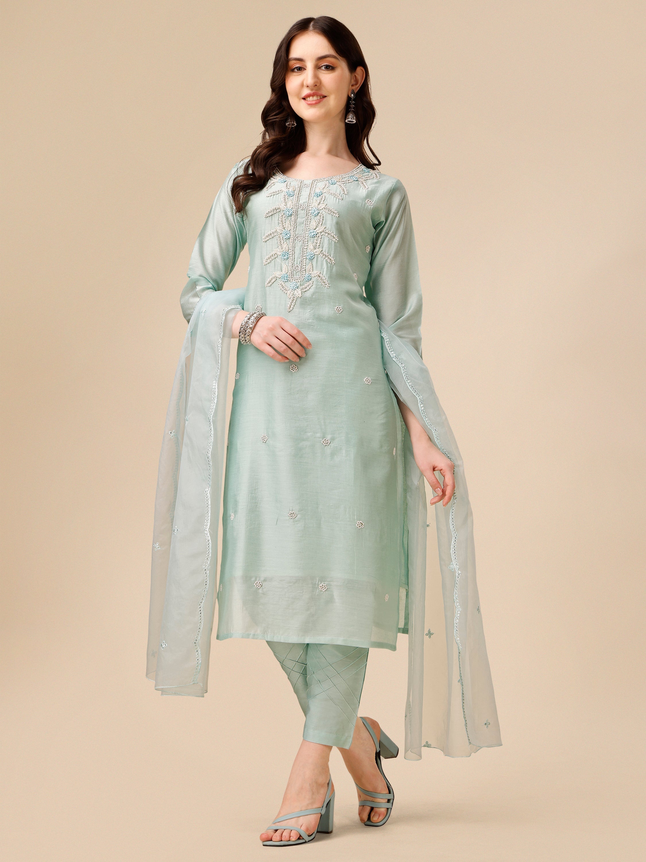 Hand Embroidered Kurta With Pant And Organza Dupatta Set, Multicolor - Hiral Fashion