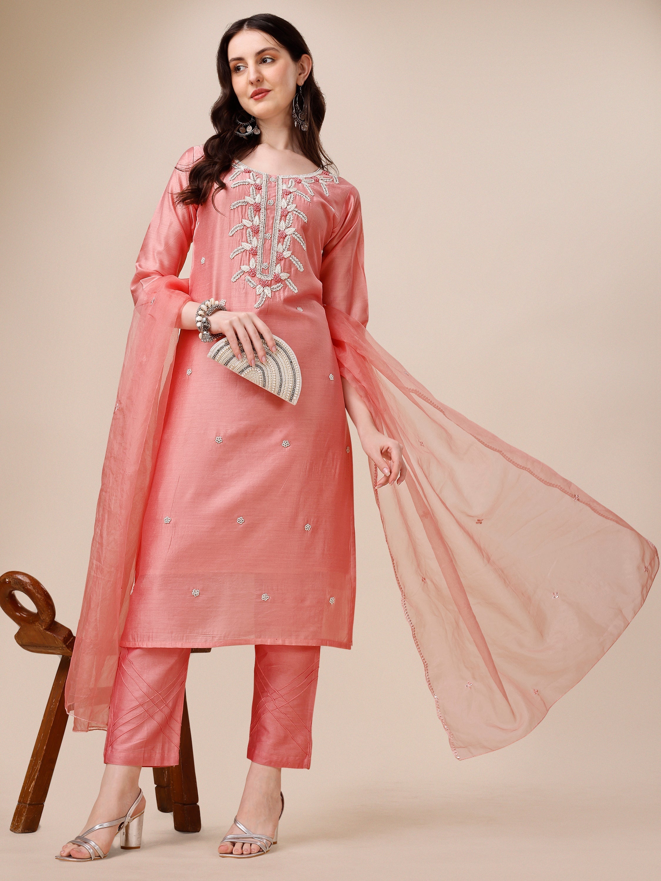 Hand Embroidered Kurta With Pant & Organza Dupatta, Multicolor - Hiral Fashion