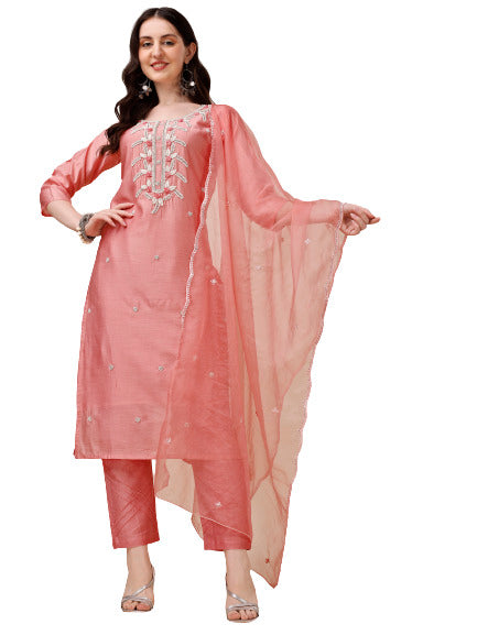 Hand Embroidered Kurta With Pant & Organza Dupatta, Multicolor - Hiral Fashion