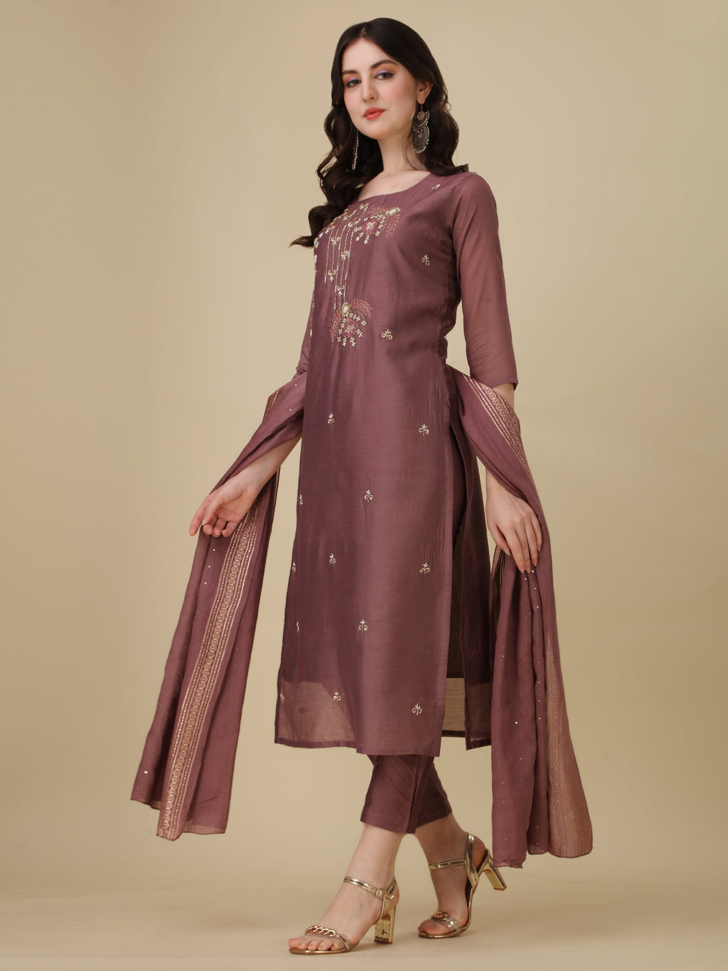Hand embroidered multicolor kurta set with matching pants and dupatta