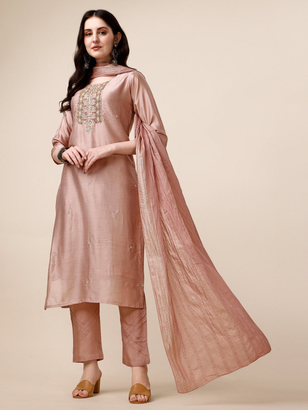 Multicolor embroidered kurta set with matching pant and dupatta in soft rayon fabric