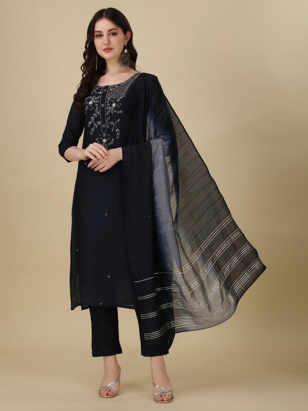 Close up of hand embroidered multicolor kurta set with matching pants and dupatta