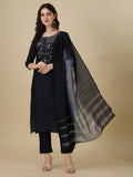 Close up of hand embroidered multicolor kurta set with matching pants and dupatta