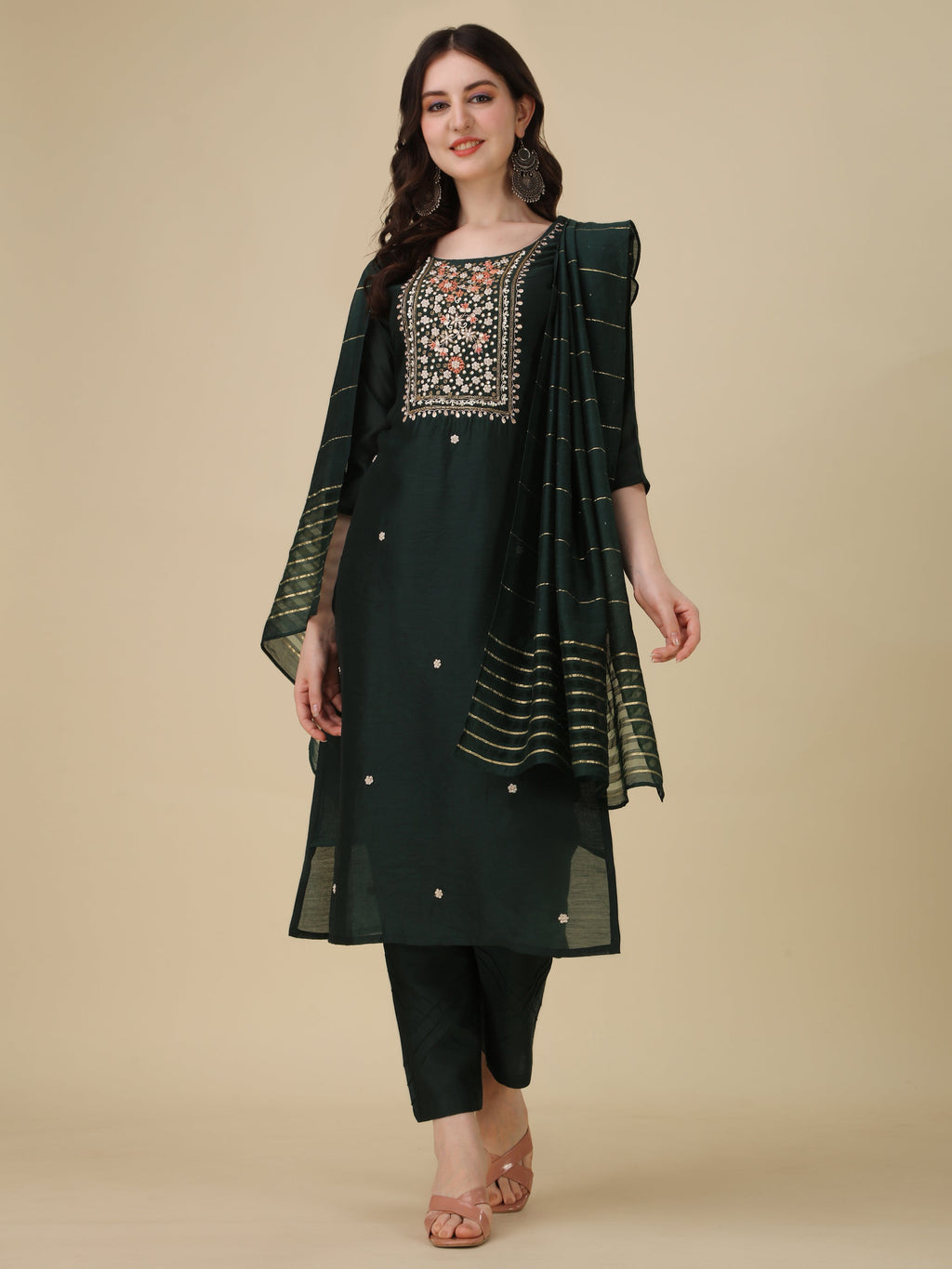 Embroidered bottle green kurta set with matching pants and dupatta